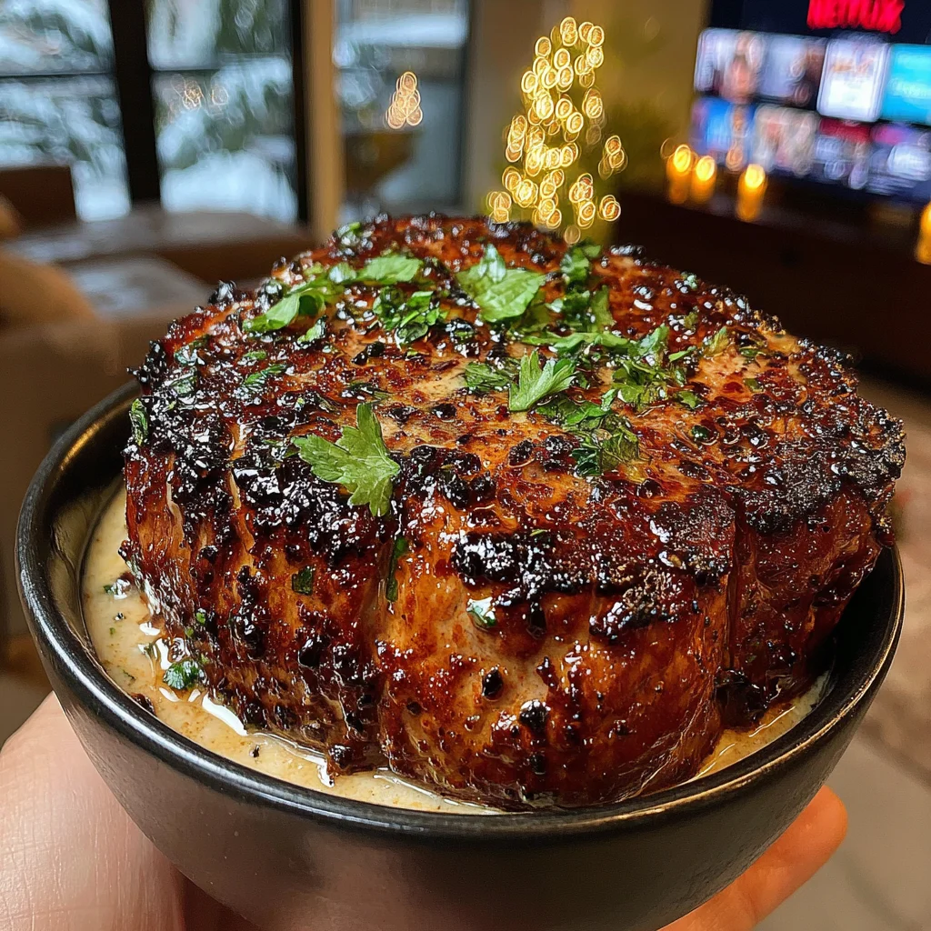 Toasted Coriander and Lime-Zest Crusted Filet Mignon with Cilantro-Infused Butter