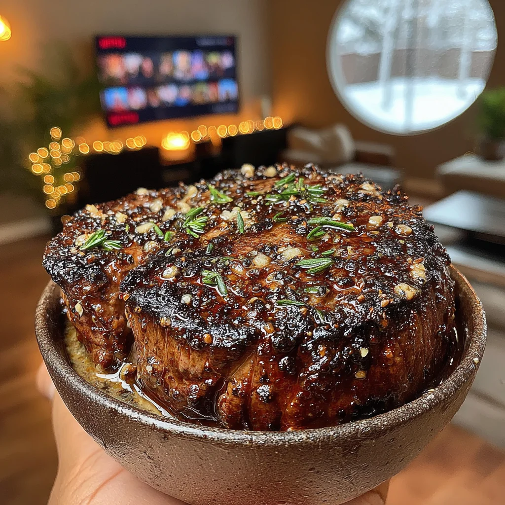 Toasted Garlic and Rosemary-Crusted Filet Mignon with a Balsamic-Caramelized Shallot Compound Butter