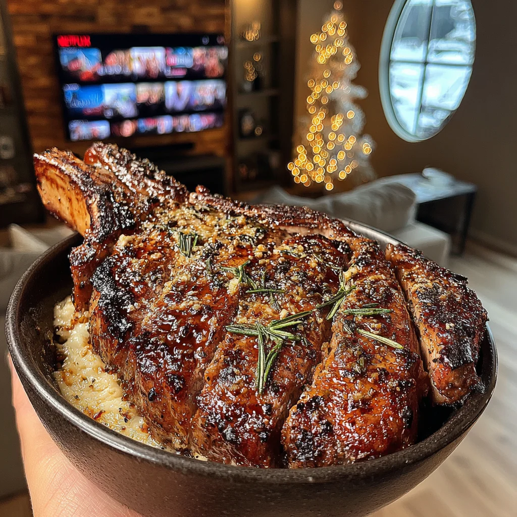 Toasted Garlic and Rosemary-Crusted Tomahawk with a Balsamic-Glazed Shallot Compound Butter