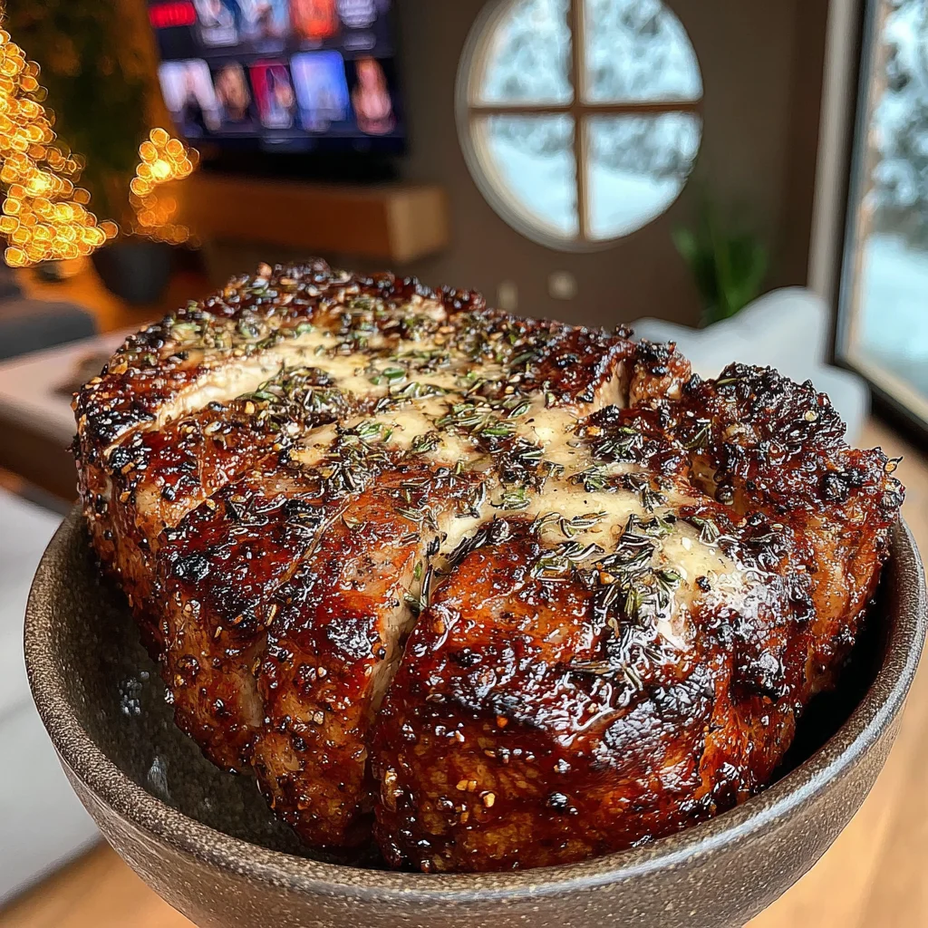 Toasted Garlic and Sage-Crusted New York Strip with a Caramelized Onion & Black Garlic Butter