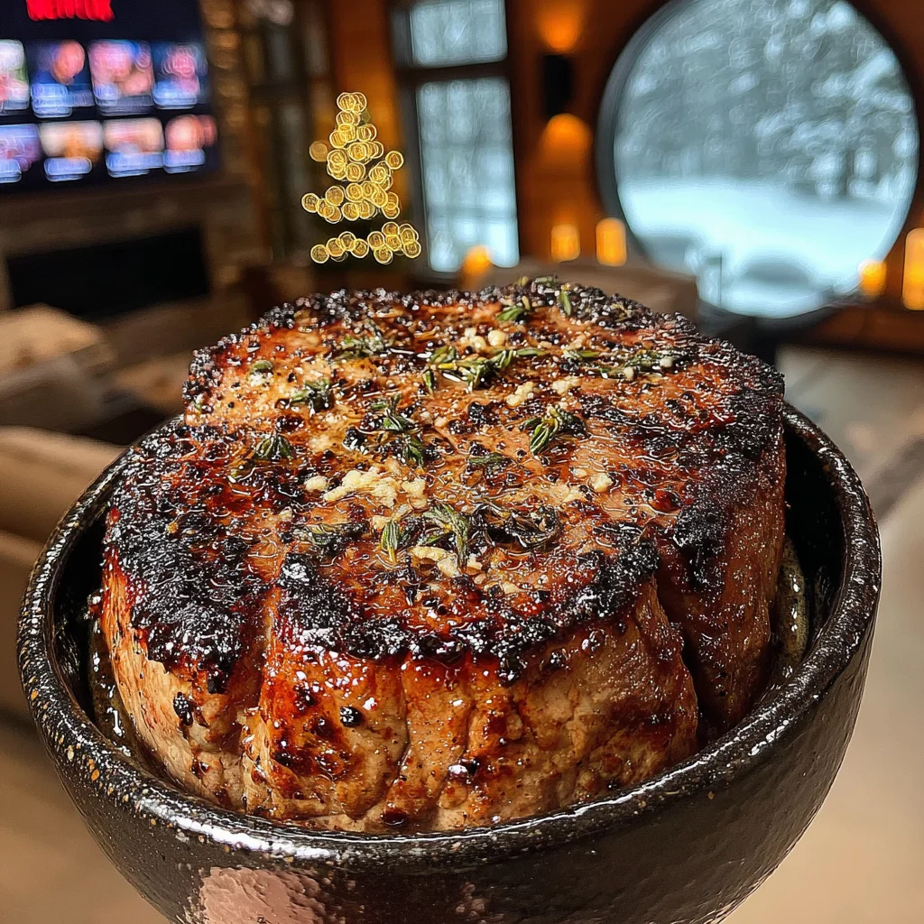 Toasted Garlic and Thyme-Crusted Filet Mignon with Caramelized Shallot Compound Butter