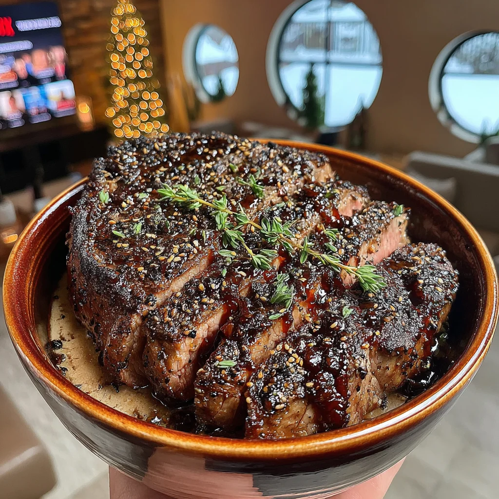 Toasted Mustard Seed and Pink Peppercorn-Crusted Ribeye with a Cherry-Balsamic Reduction