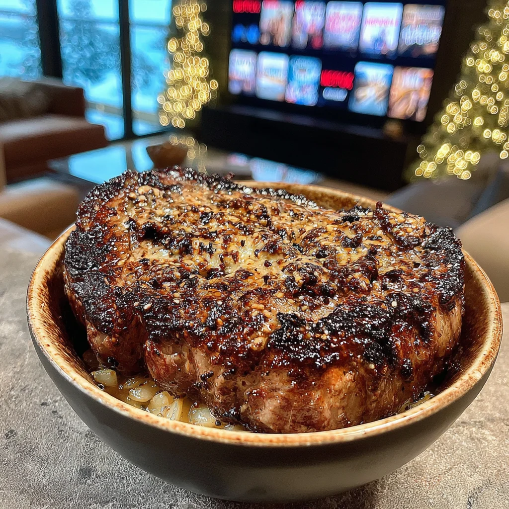 Toasted Pearl Onion and Savory-Crusted Sirloin with Mustard-Garlic Confit Butter