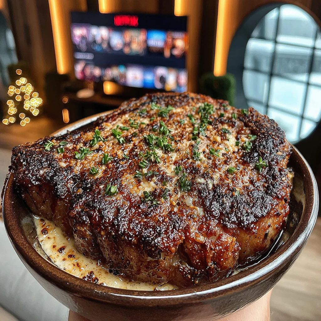 Toasted Pearl Onion and Thyme-Crusted Ribeye with Roasted Garlic & Lemon-Zest Compound Butter