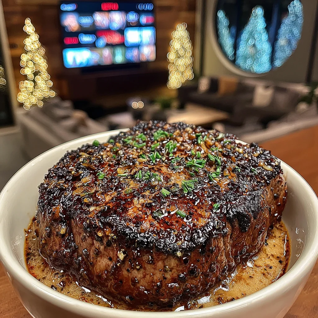 Toasted Scallion-Crimp and Savory-Crusted Filet Mignon with a Brown Butter & Garlic-Confit Shallot Infusion