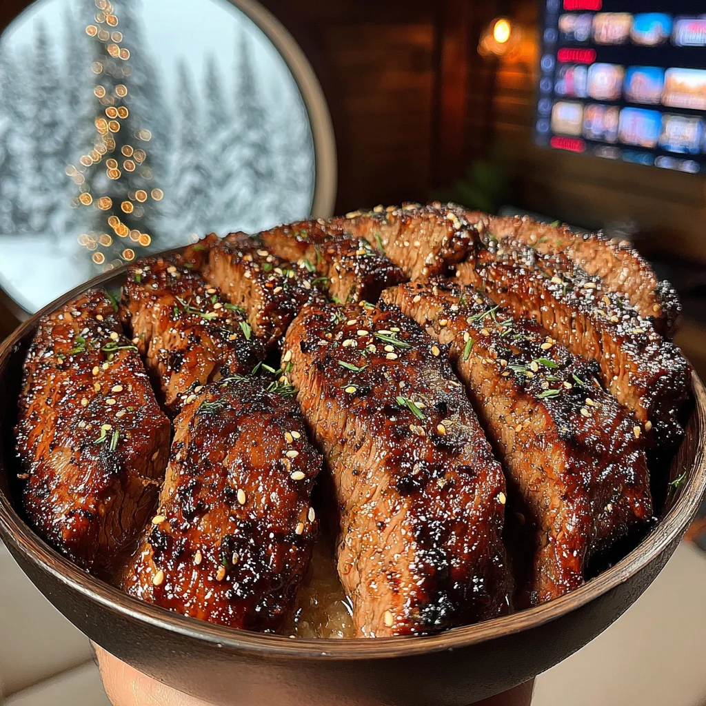 Toasted Sesame and White Pepper-Crusted Skirt Steak with Sweet Soy and Pear Reduction