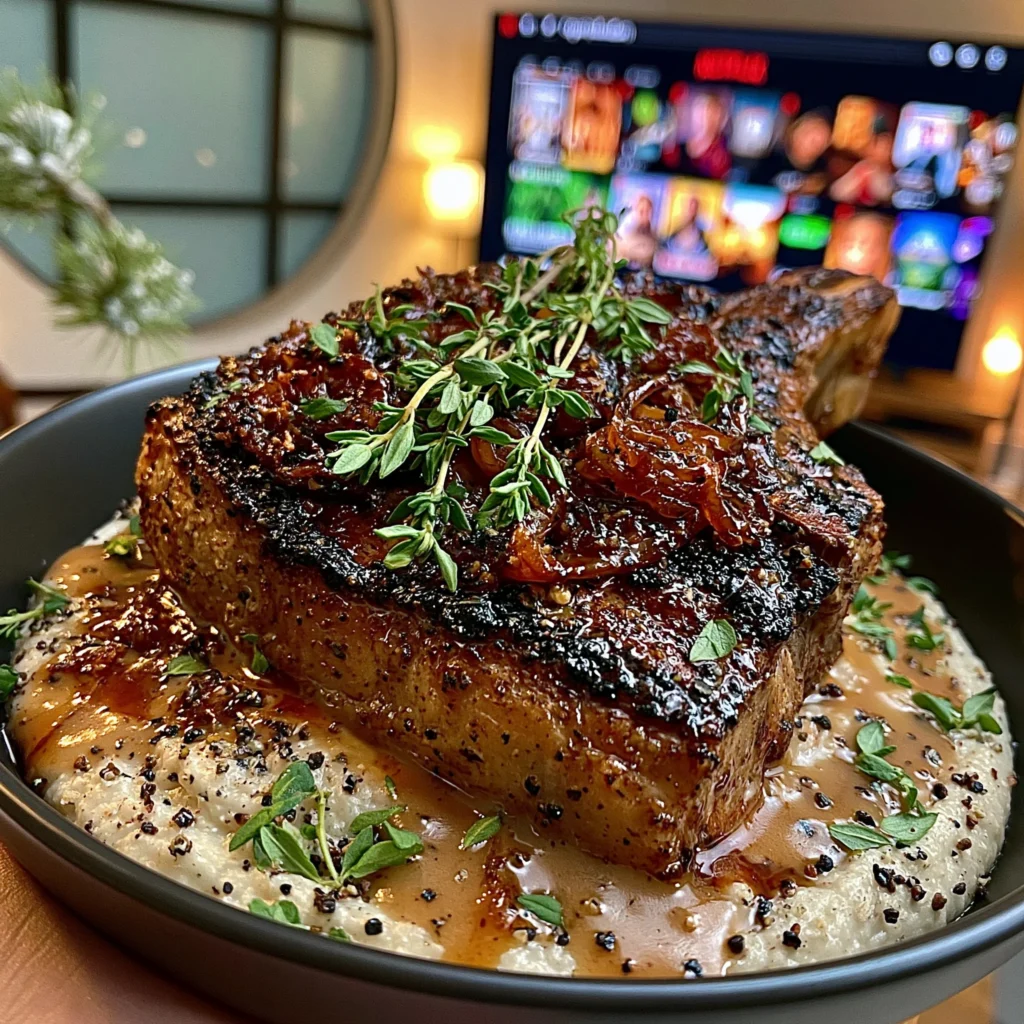 Apple Cider Balsamic-Glazed Shallot and Thyme-Crusted T-Bone with a Velvety Turnip & Horseradish Reduction