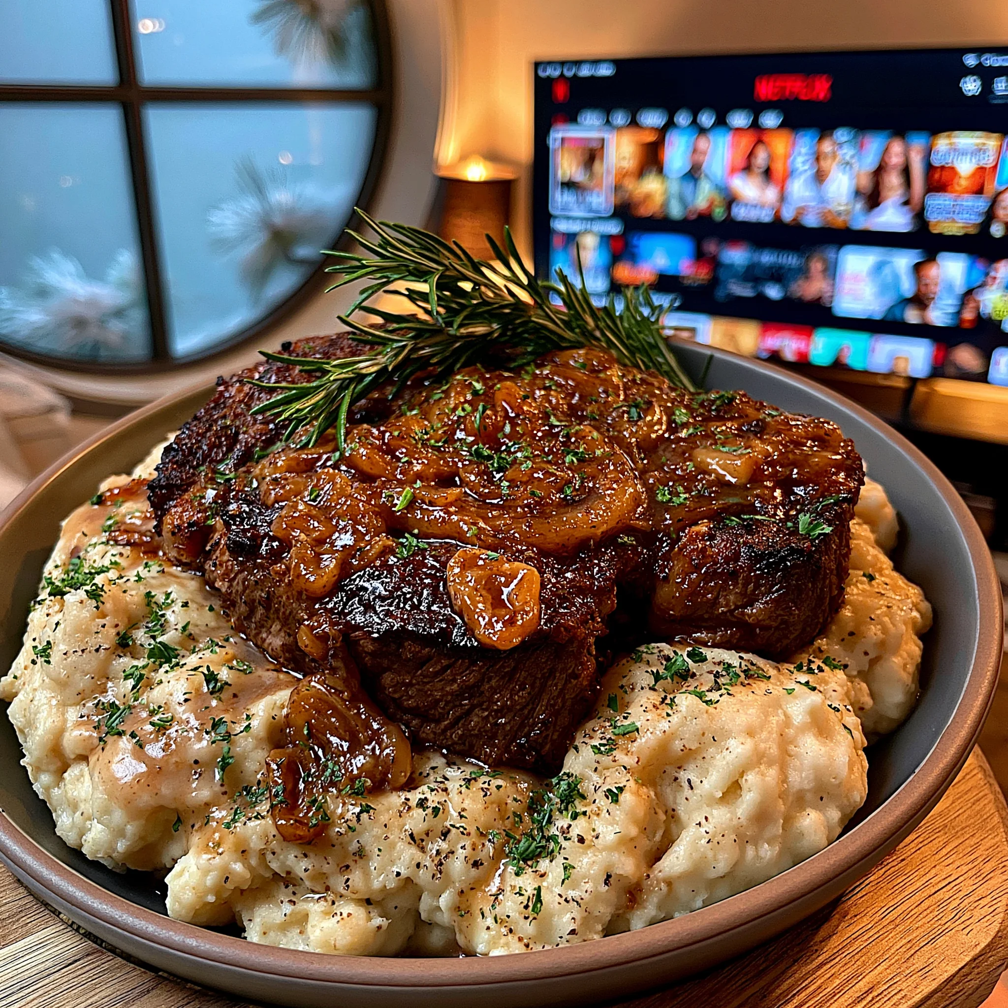 Apricot-Glazed Garlic and Fresh Rosemary Braised Ribeye with a Velvety Thyme Jus