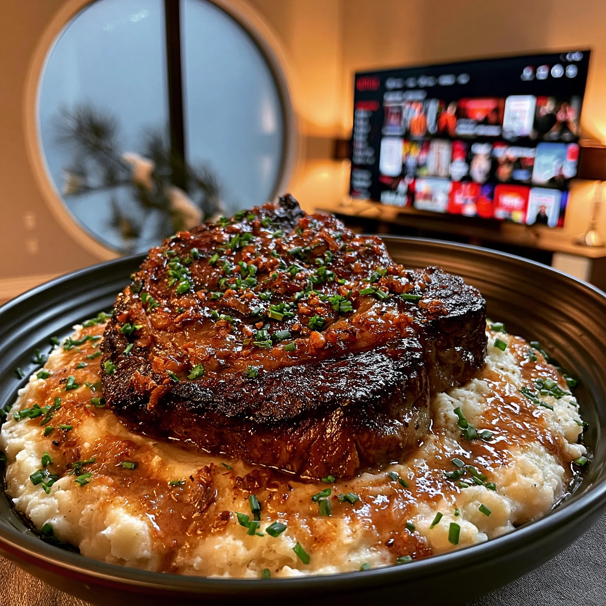 Balsamic-Honey Braised Garlic-Confit Ribeye with a Rich Carrot & Roasted Garlic Gravy