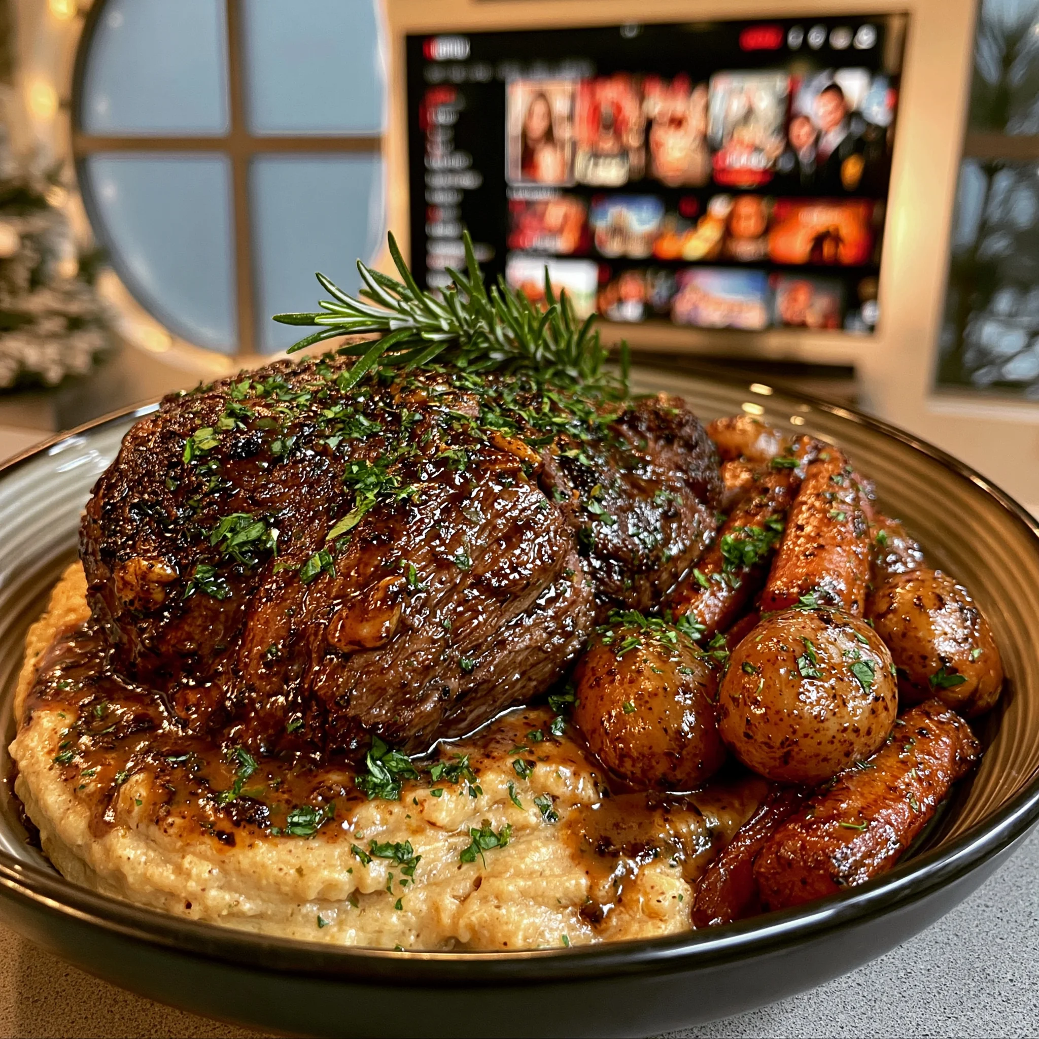 Balsamic and Rosemary Braised Garlic-Studded Chuck Roast with a Smooth Golden Beet & Herb Gravy