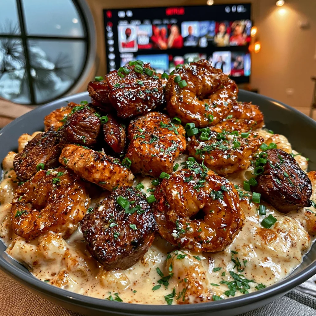 Beef Bacon, Salmon Bites, and Shrimp over Smoked Gouda Macaroni and Cheese