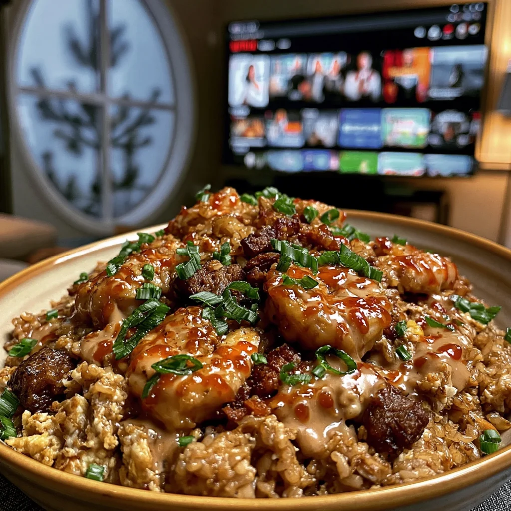 Beef Bacon, Shrimp, and Crab Fried Rice with Sweet Chili Drizzle