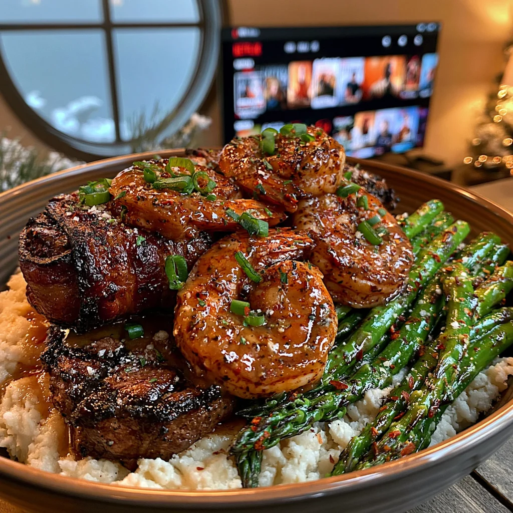 Beef Bacon Wrapped Ribeye with Cajun Shrimp and Asparagus