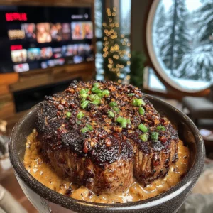 Black Garlic and Crispy Leek-Crusted Filet Mignon with a Sun-Dried Tomato Confit Butter
