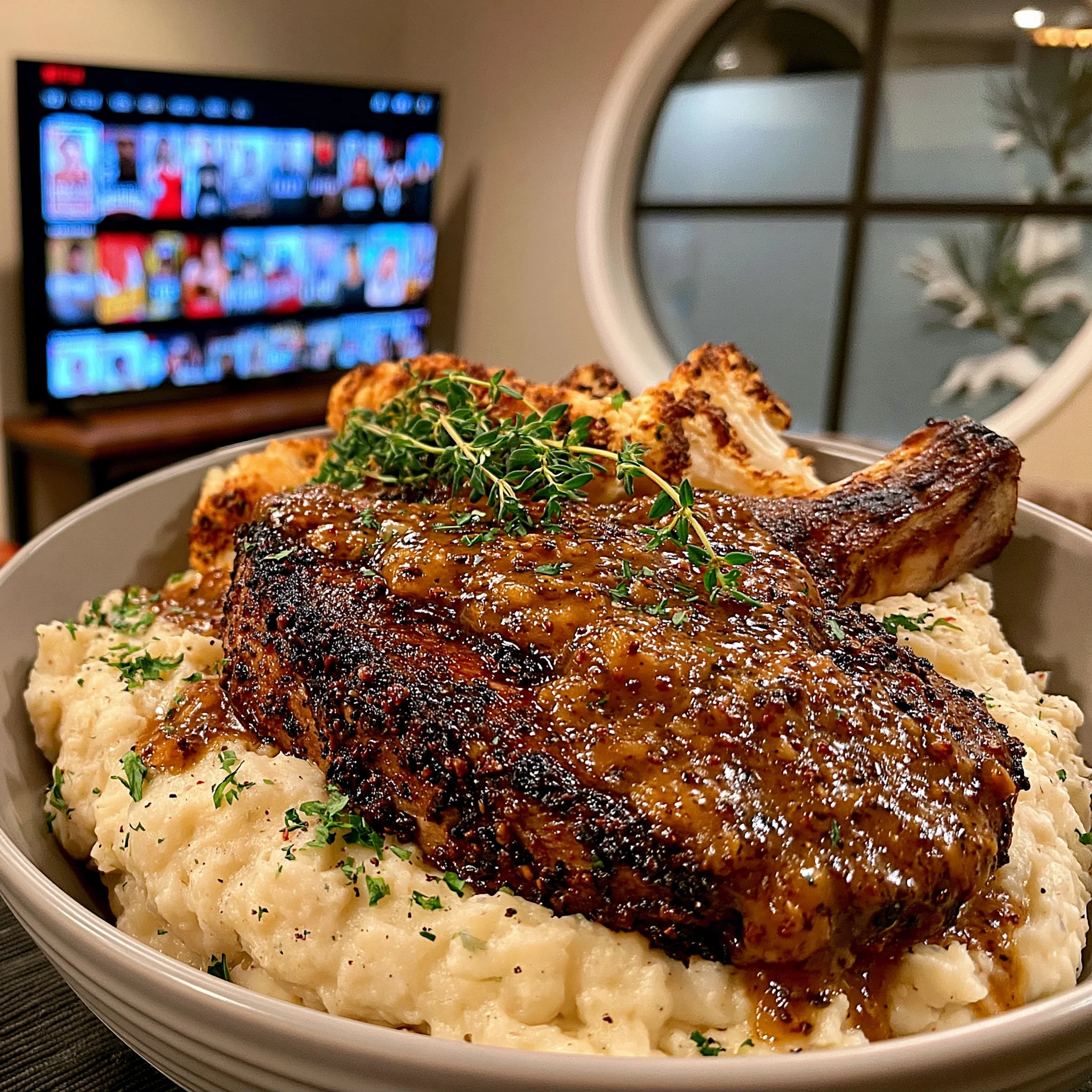 Black Garlic and Crushed Pink Peppercorn-Crusted Tomahawk with a Truffle Thyme Gravy