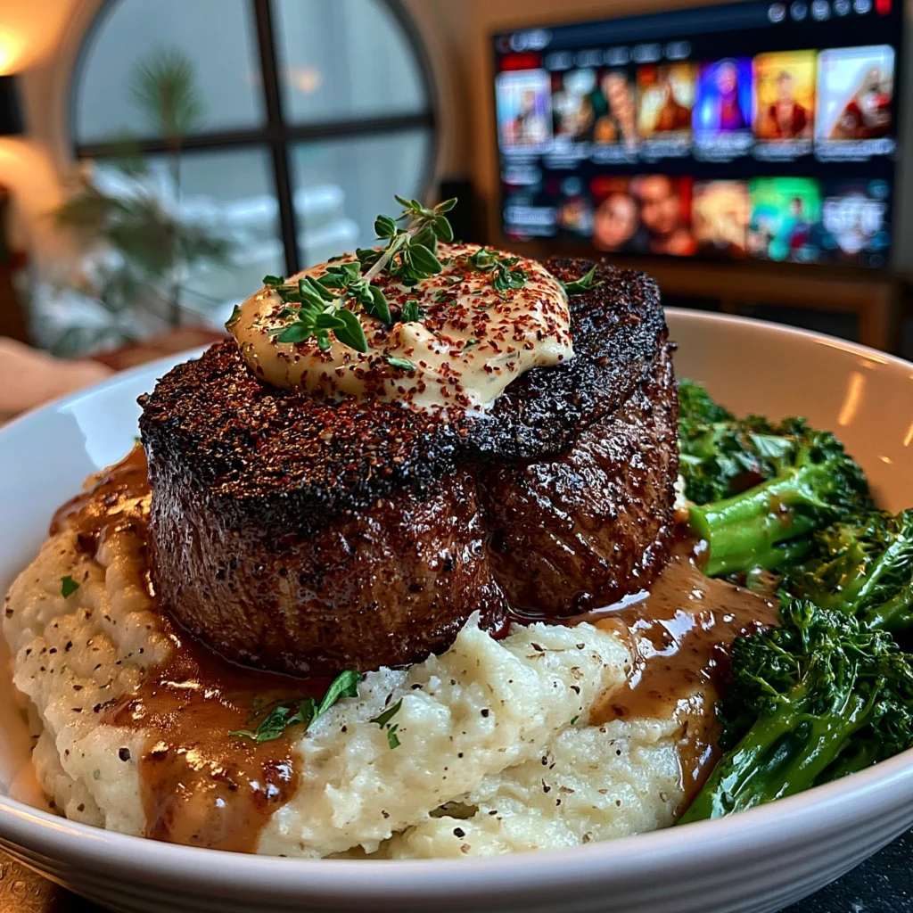 Black Truffle and Porcini Mushroom-Crusted Filet Mignon with a Thyme-Infused Compound Butter
