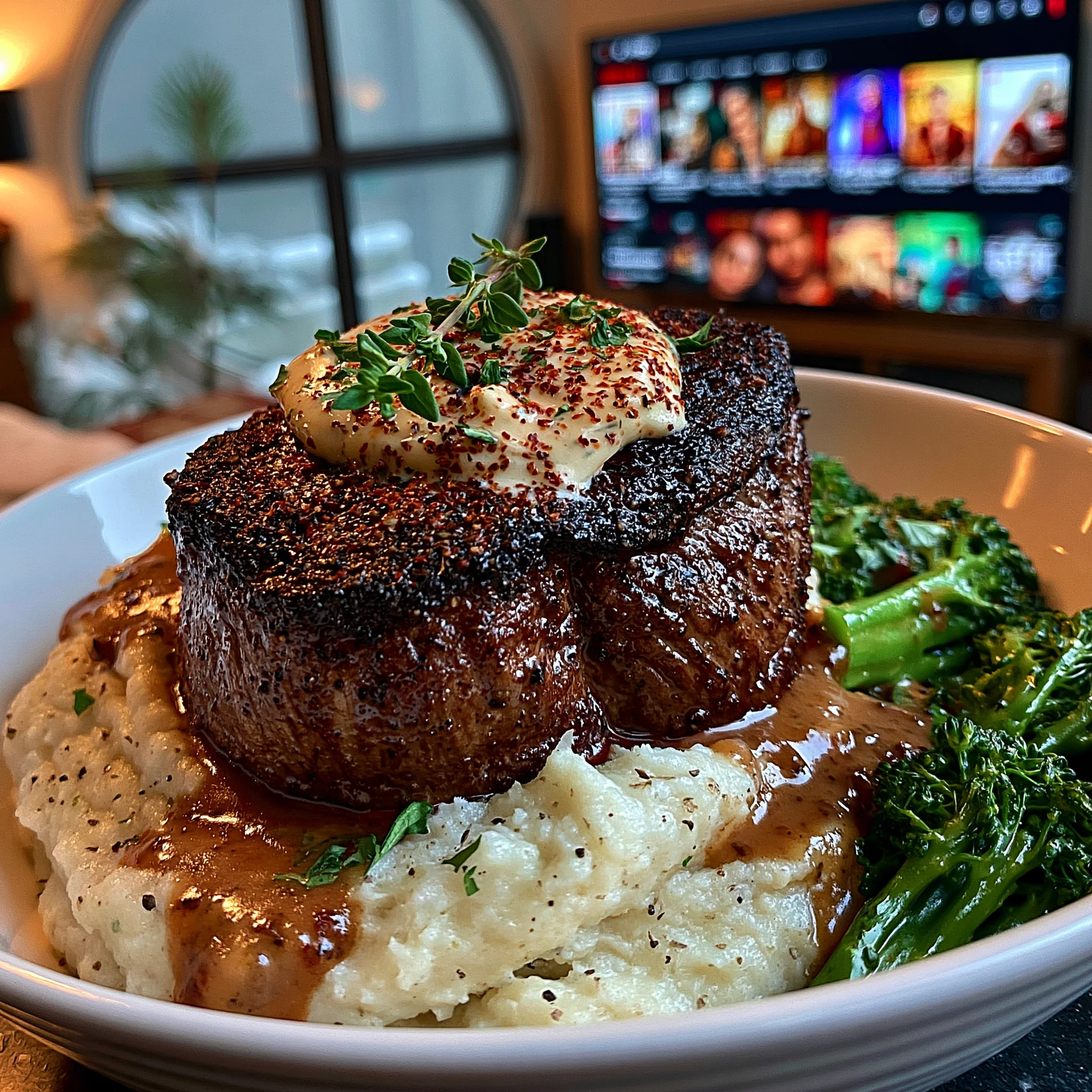 Black Truffle and Porcini Mushroom-Crusted Filet Mignon with a Thyme-Infused Compound Butter
