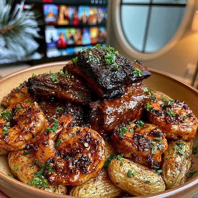 Braised Beef Short Ribs and Chili Butter Shrimp over Roasted Fingerling Potatoes