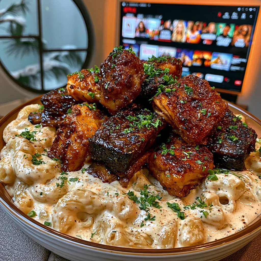Braised Beef Short Ribs and Fried Salmon Bites over Creamy Macaroni and Cheese