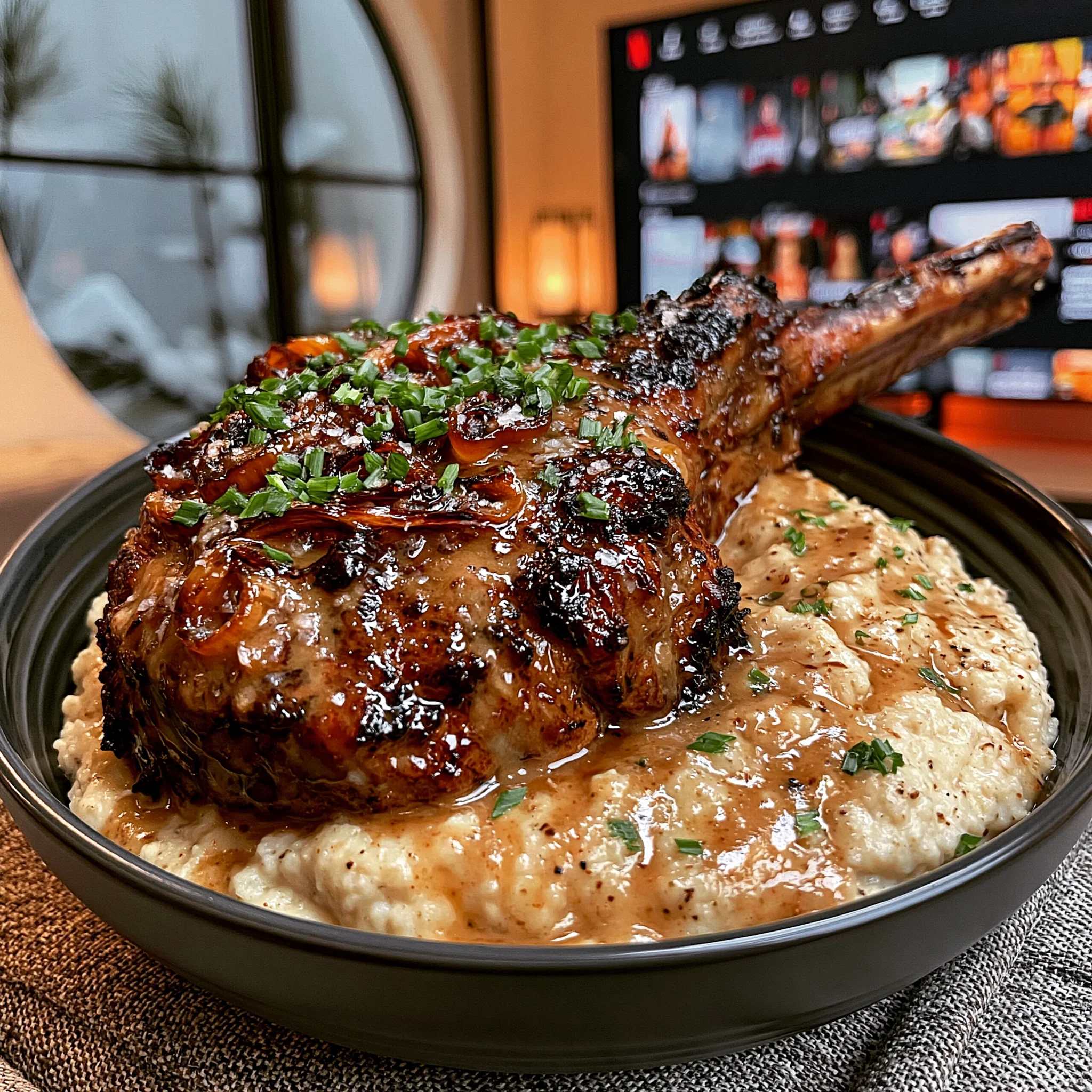 Caramelized Leek and Sea Salt-Crusted Tomahawk with a Rich Bone Broth and Garlic Gravy