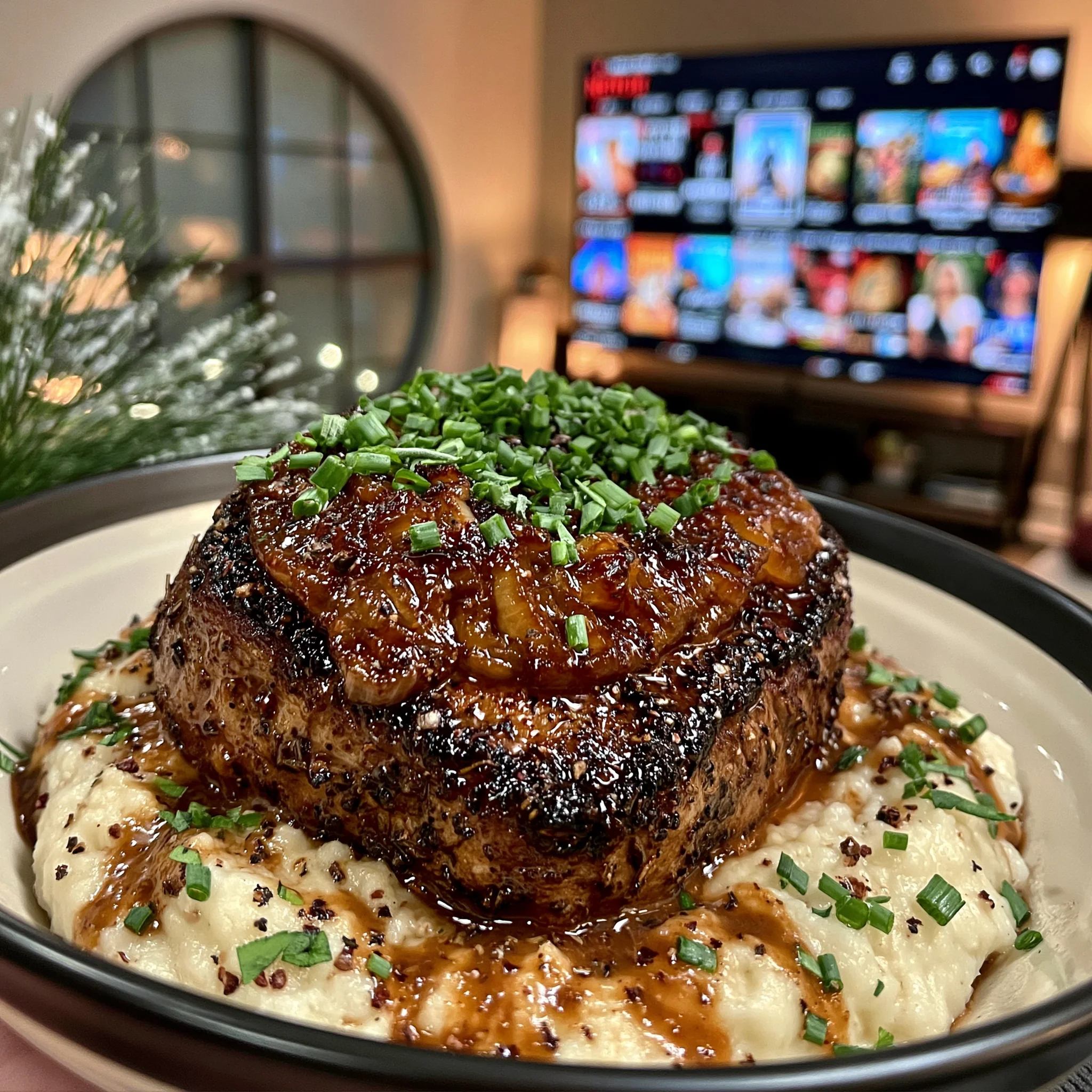 Caramelized Onion and Fennel Seed-Crusted Filet Mignon with a Brown Butter Sage Jus