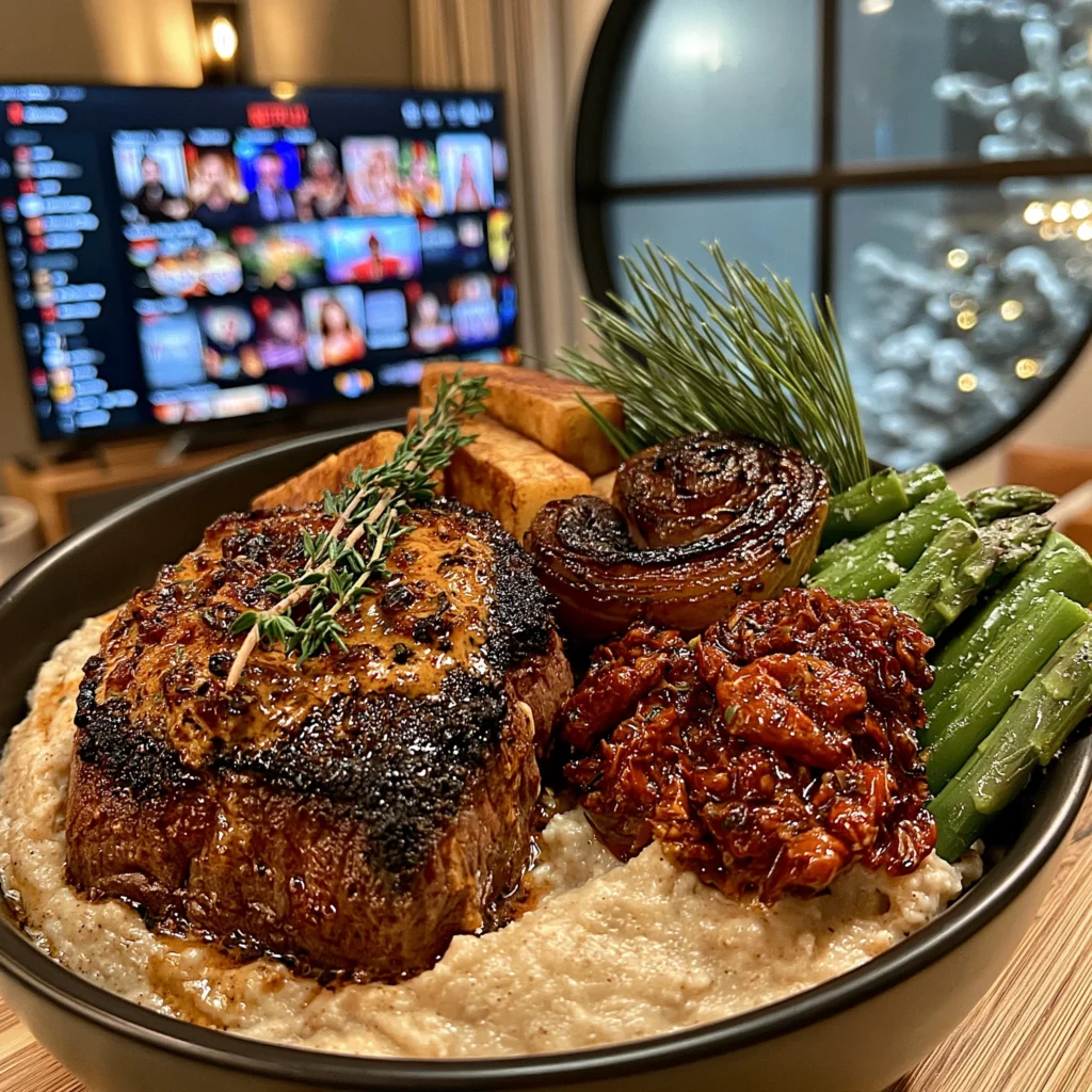Caramelized Onion and Thyme-Crusted Filet Mignon with a Sun-Dried Tomato Confit Butter