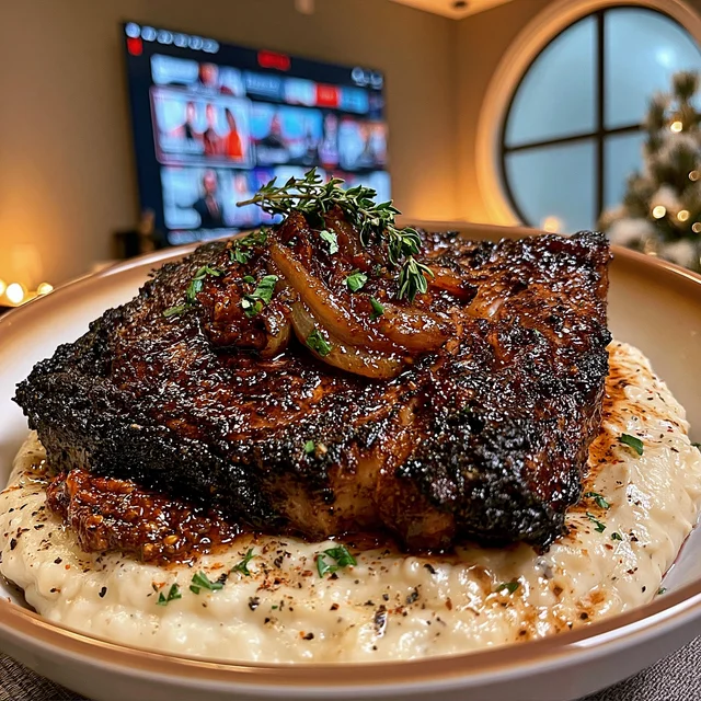 Caramelized Shallot and Fresh Oregano-Crusted Ribeye with a Sun-Dried Tomato Confit Butter