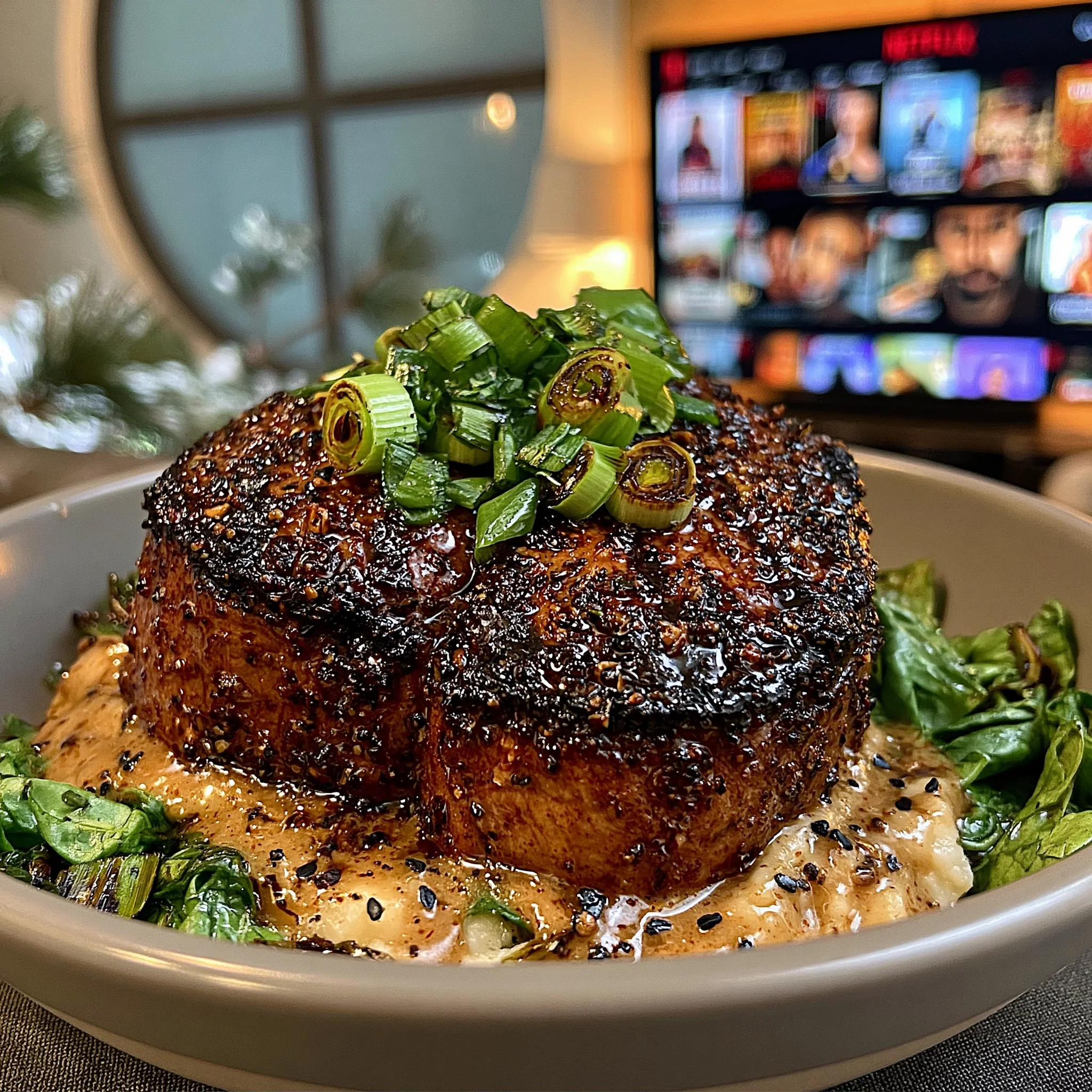 Charred Scallion and Cracked Pepper-Crusted Filet Mignon with a Toasted Sesame Butter