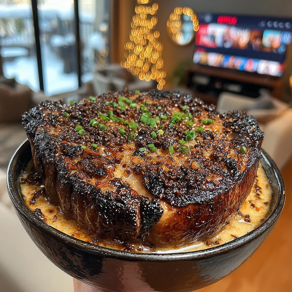Charred Shallot and Black Truffle-Crusted Filet Mignon with a Roasted Garlic and Chive Confit Butter