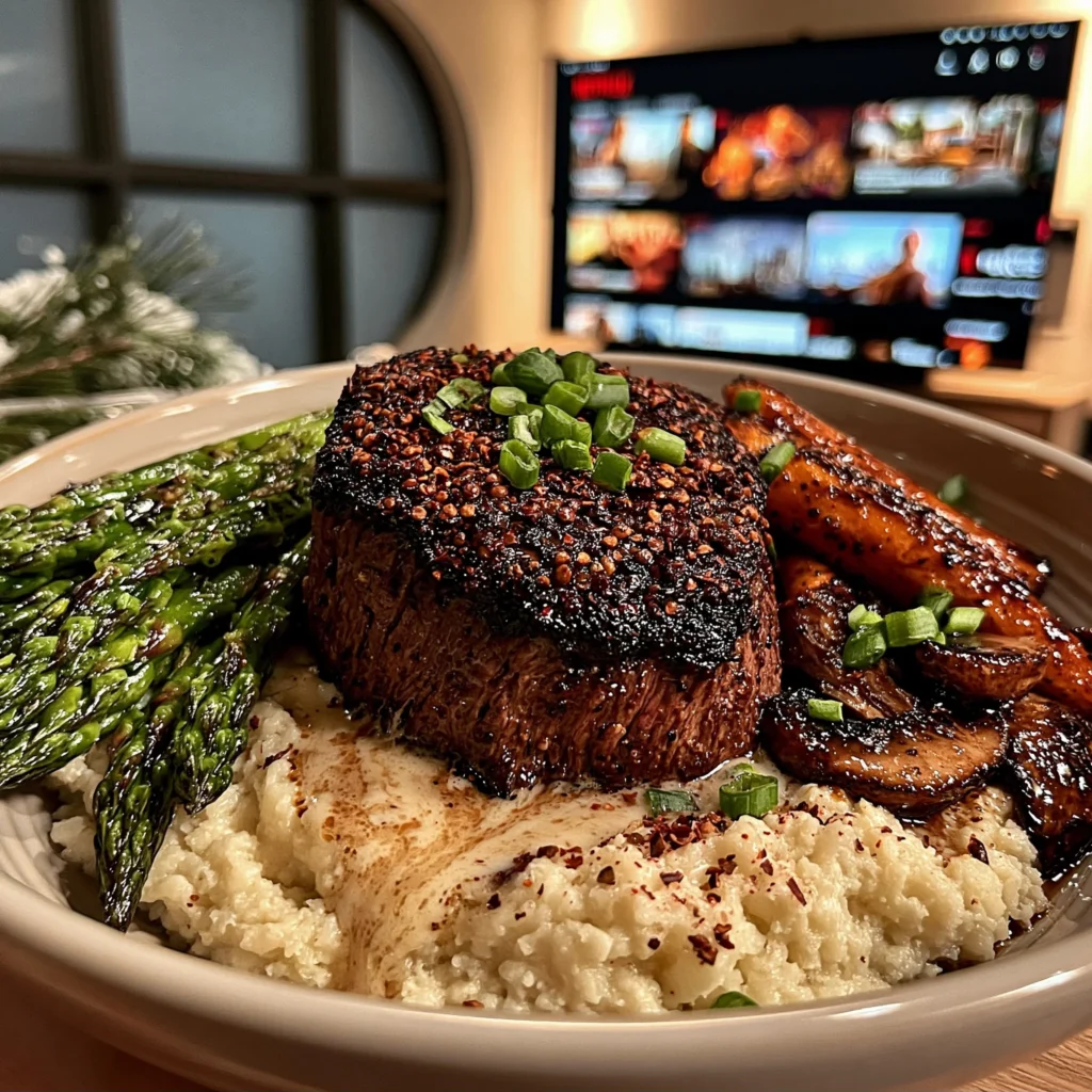 Cracked Szechuan and Pink Peppercorn-Crusted Filet Mignon with a Charred Ginger Butter