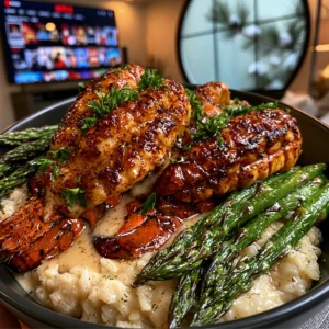 Creamy Garlic Butter Lobster Tails with Lemon Herb Risotto and Asparagus
