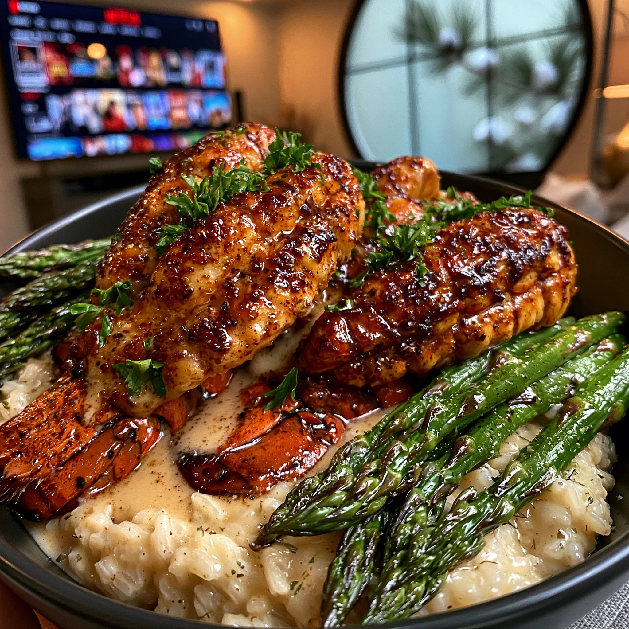 Creamy Garlic Butter Lobster Tails with Lemon Herb Risotto and Asparagus