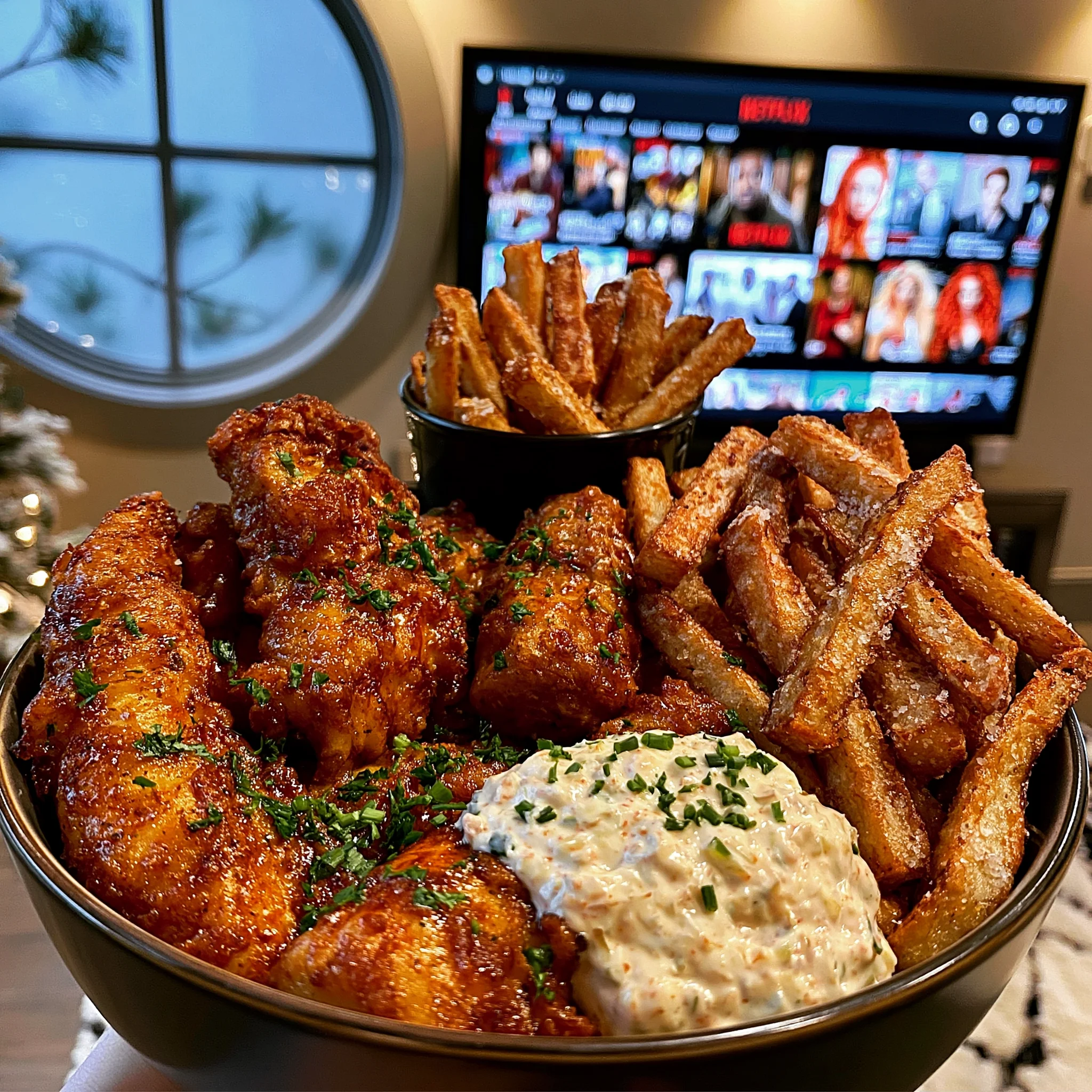 Crispy Batter-Fried Fish Fillets with Chunky Tartar Sauce and Golden Sea Salt Fries