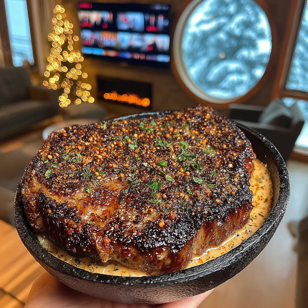 Crispy Leek and Pink Peppercorn-Crusted Ribeye with a Basil and Tarragon Confit Butter
