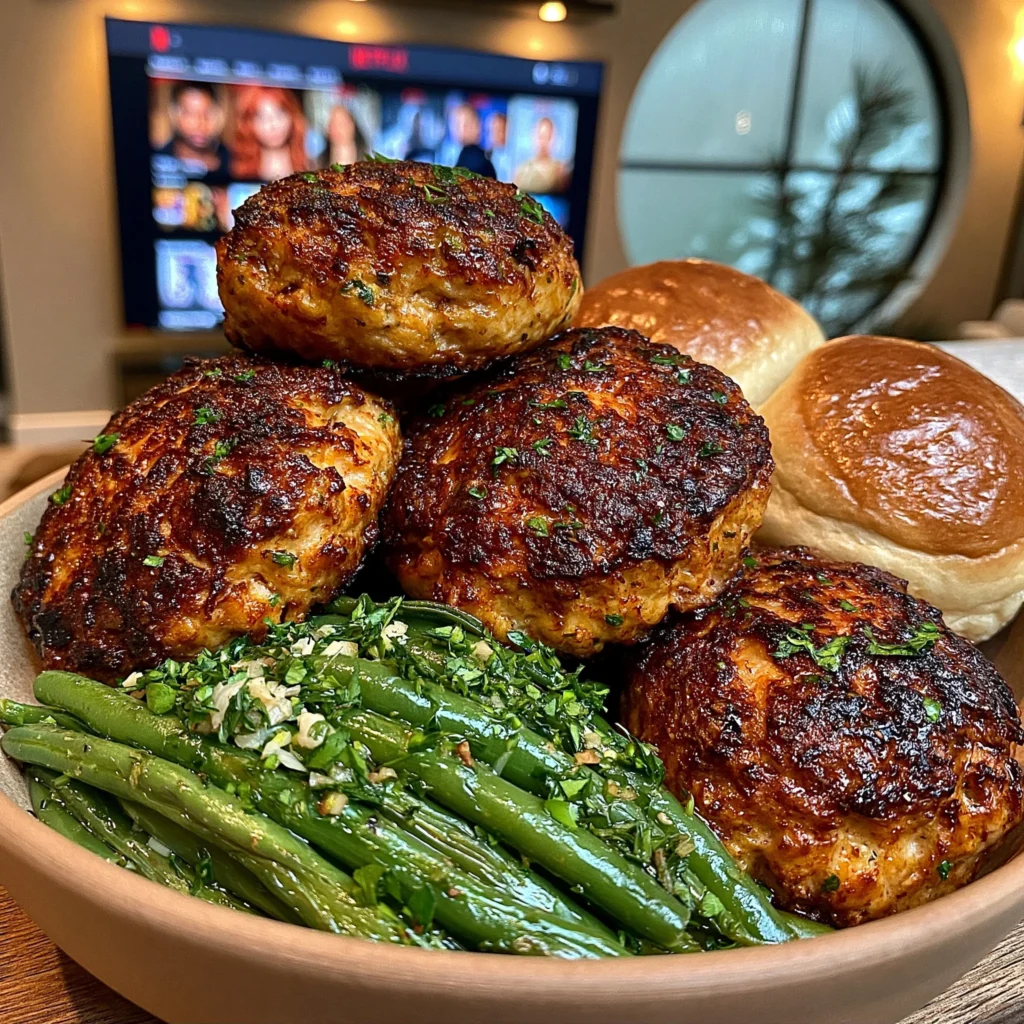 Crispy Salmon Patties, Buttery Garlic Green Beans, and Fluffy Yeast Rolls