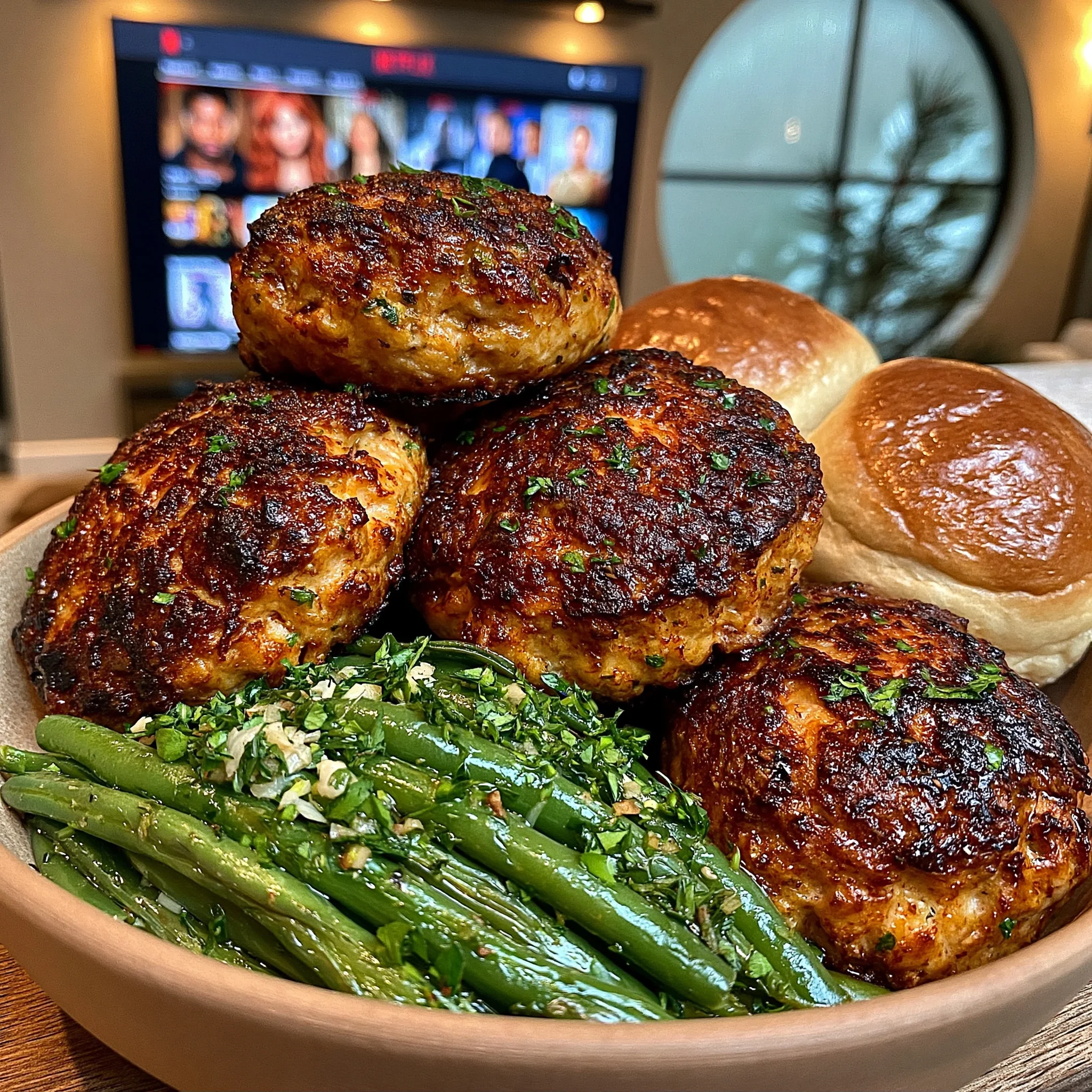 Crispy Salmon Patties, Buttery Garlic Green Beans, and Fluffy Yeast Rolls