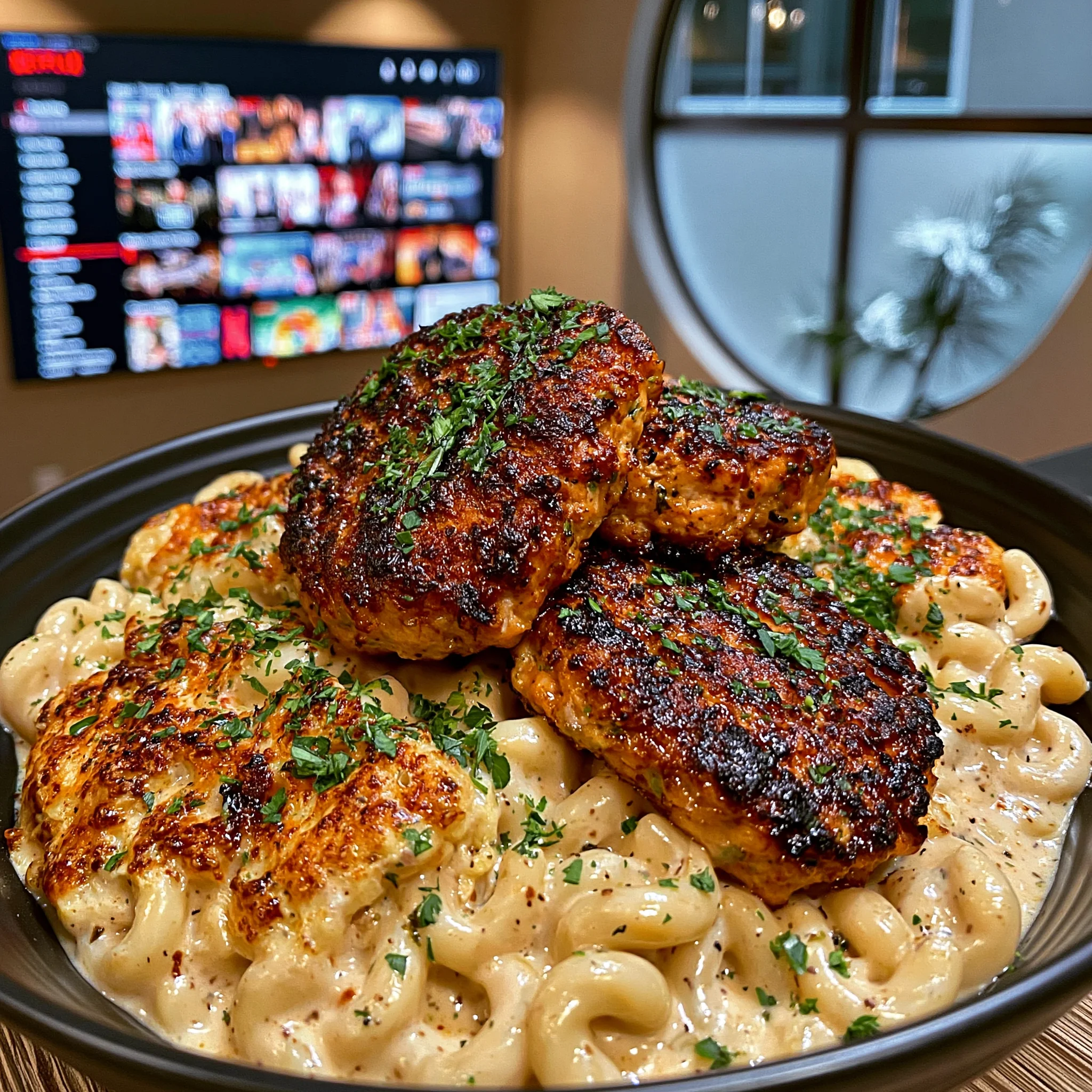 Crispy Salmon Patties over Creamy Garlic Noodles with Soft Scrambled Eggs