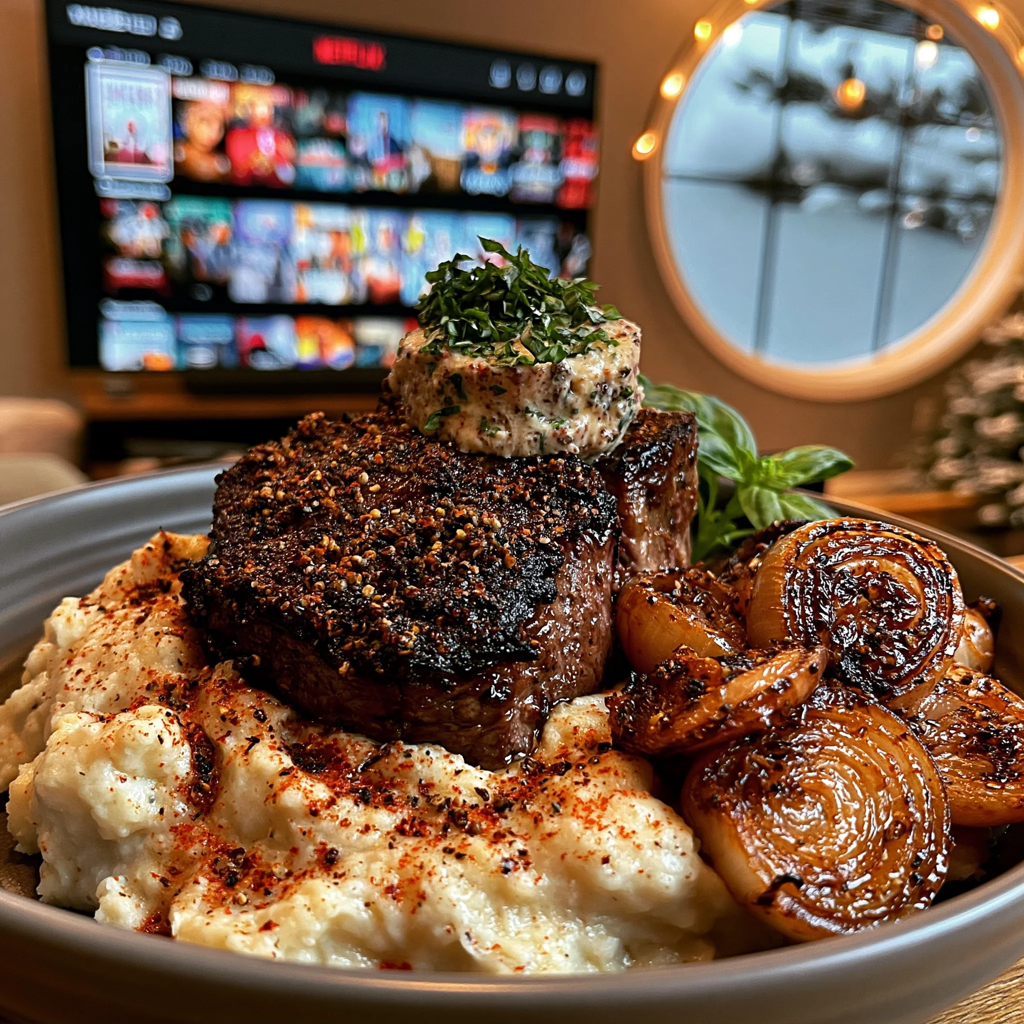 Crispy Shallot and Cracked Pepper-Crusted Ribeye with a Basil-Infused Compound Butter