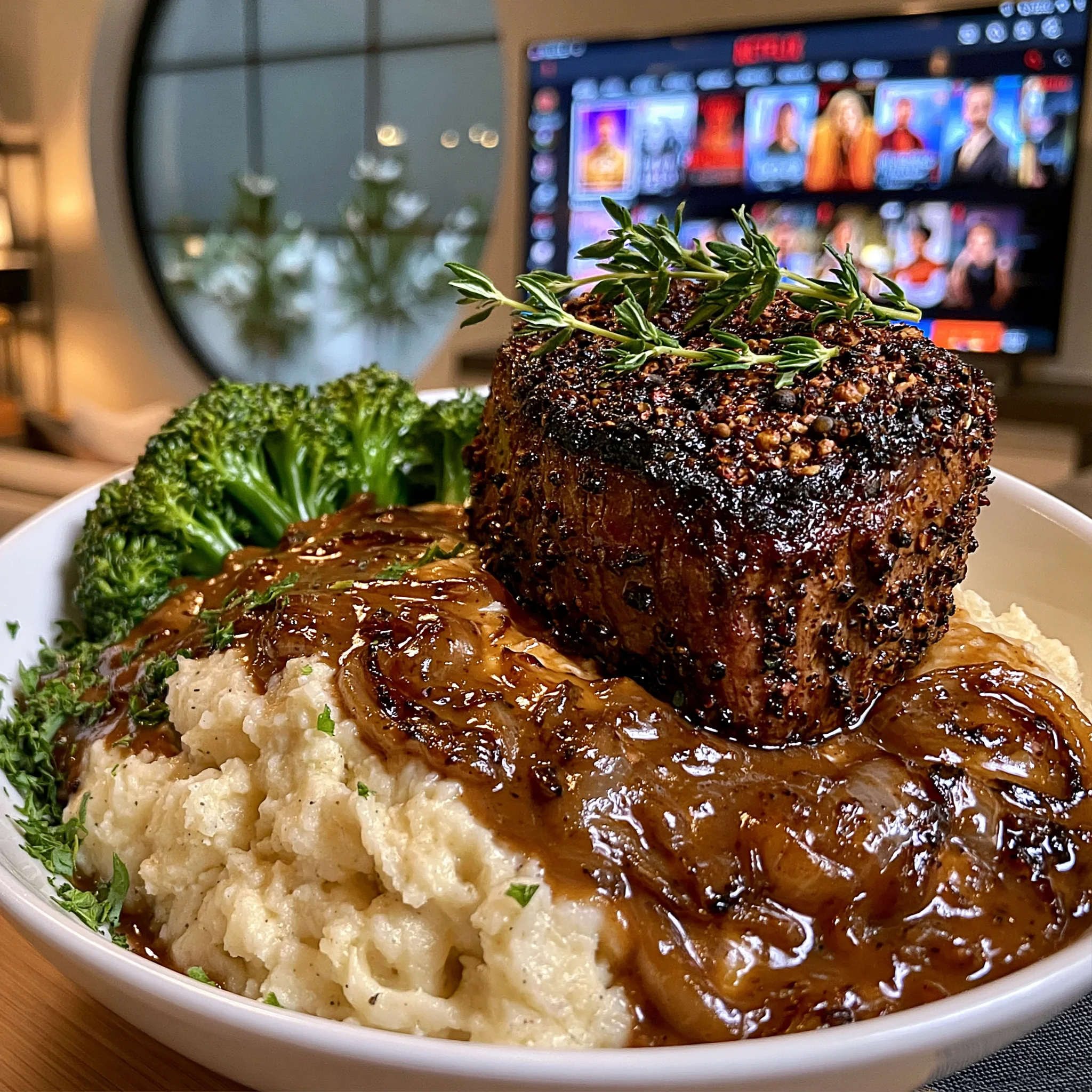 Crushed Pink Peppercorn and Thyme-Crusted Filet Mignon with a Brown Butter Shallot Reduction