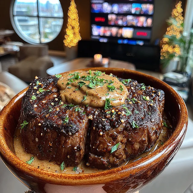 Crushed Szechuan Pepper and Garlic-Confit Crusted Filet Mignon with a Sun-Dried Tomato Compound Butter