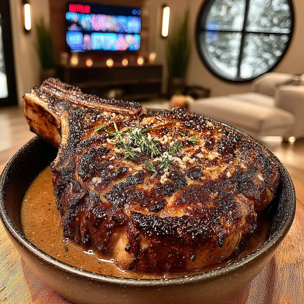 Fire-Roasted Garlic and Smoked Rosemary-Crusted Tomahawk with a Black Truffle Bone Broth Jus
