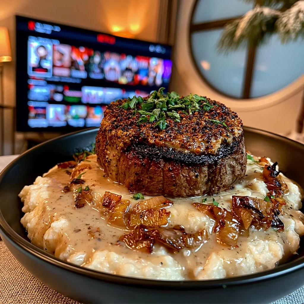 Fire-Roasted Leek and Cracked Pepper-Crusted Filet Mignon with a Brown Butter Sage Gravy