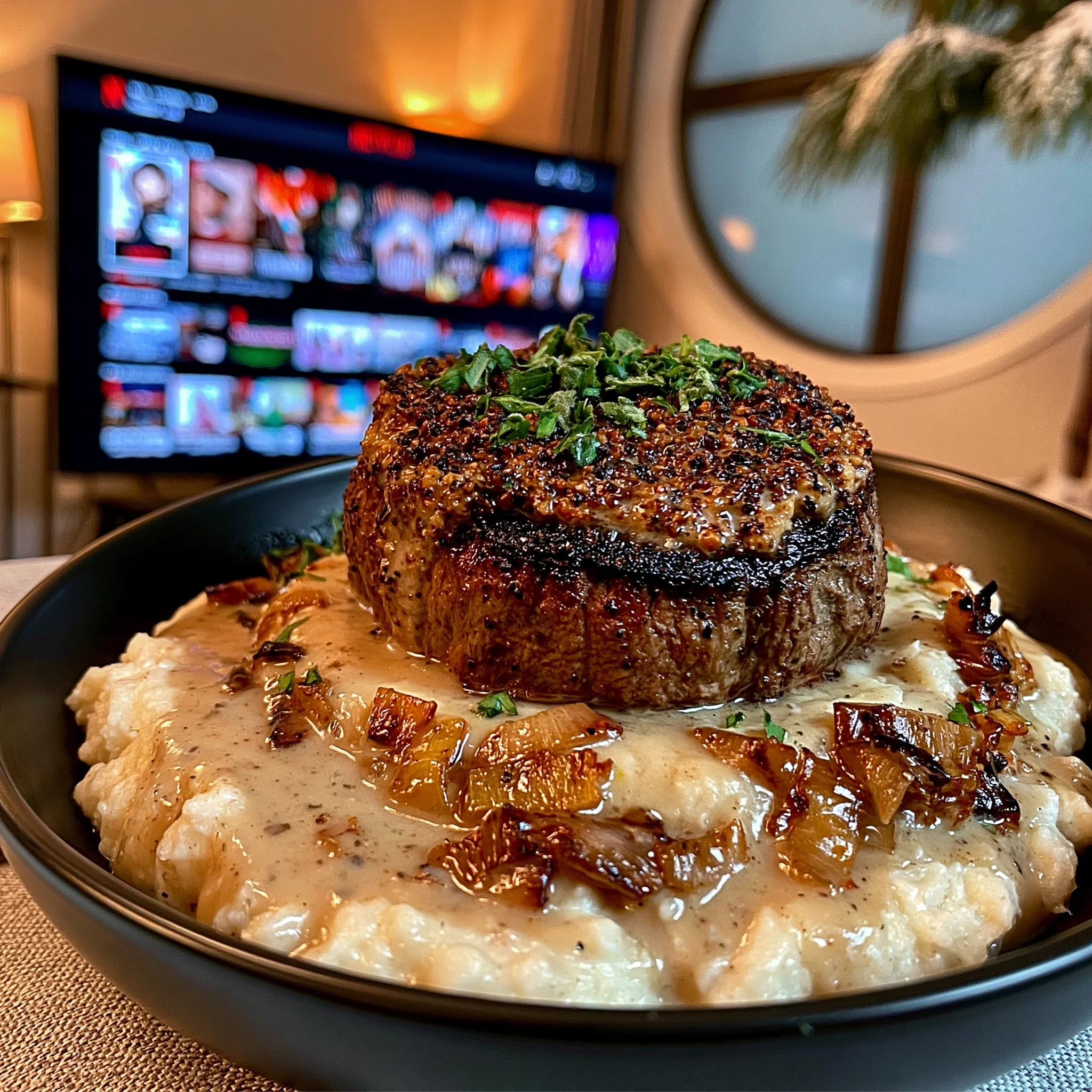 Fire-Roasted Leek and Cracked Pepper-Crusted Filet Mignon with a Brown Butter Sage Gravy