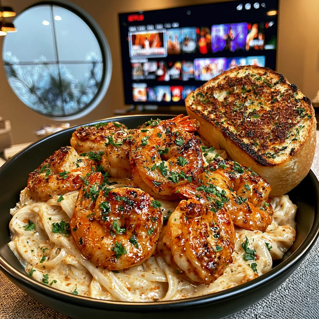 Garlic Butter Shrimp Scampi over Angel Hair Pasta with Toasty Garlic Bread