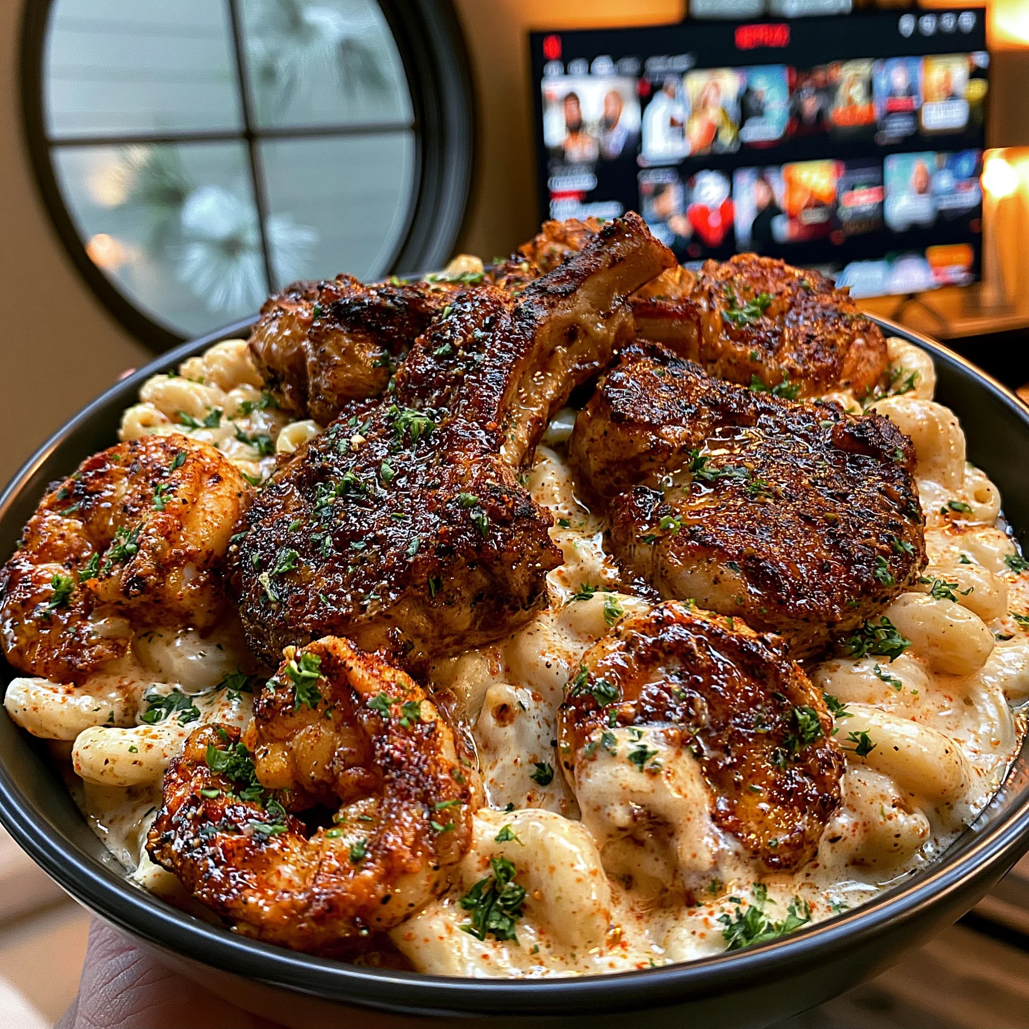 Garlic Herb Lamb Chops and Cajun Shrimp over Smoked Gouda Macaroni and Cheese