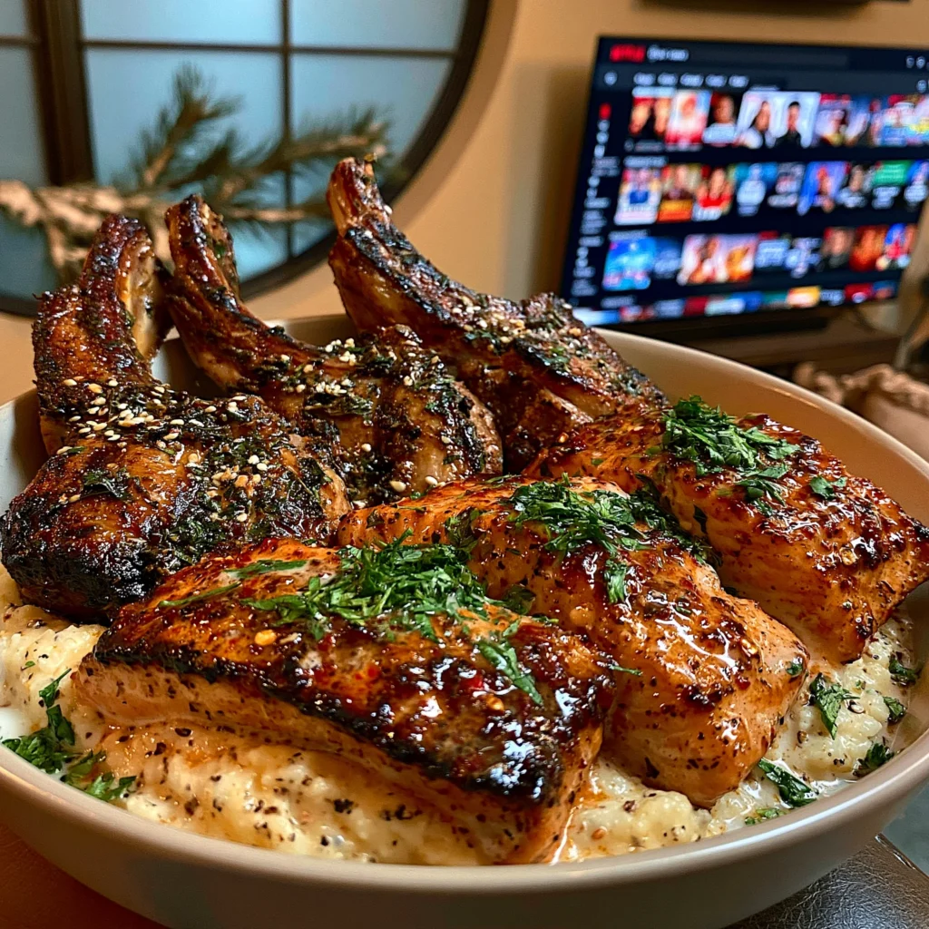 Garlic Herb Lamb Chops and Chili Butter Salmon over White Cheddar Grits