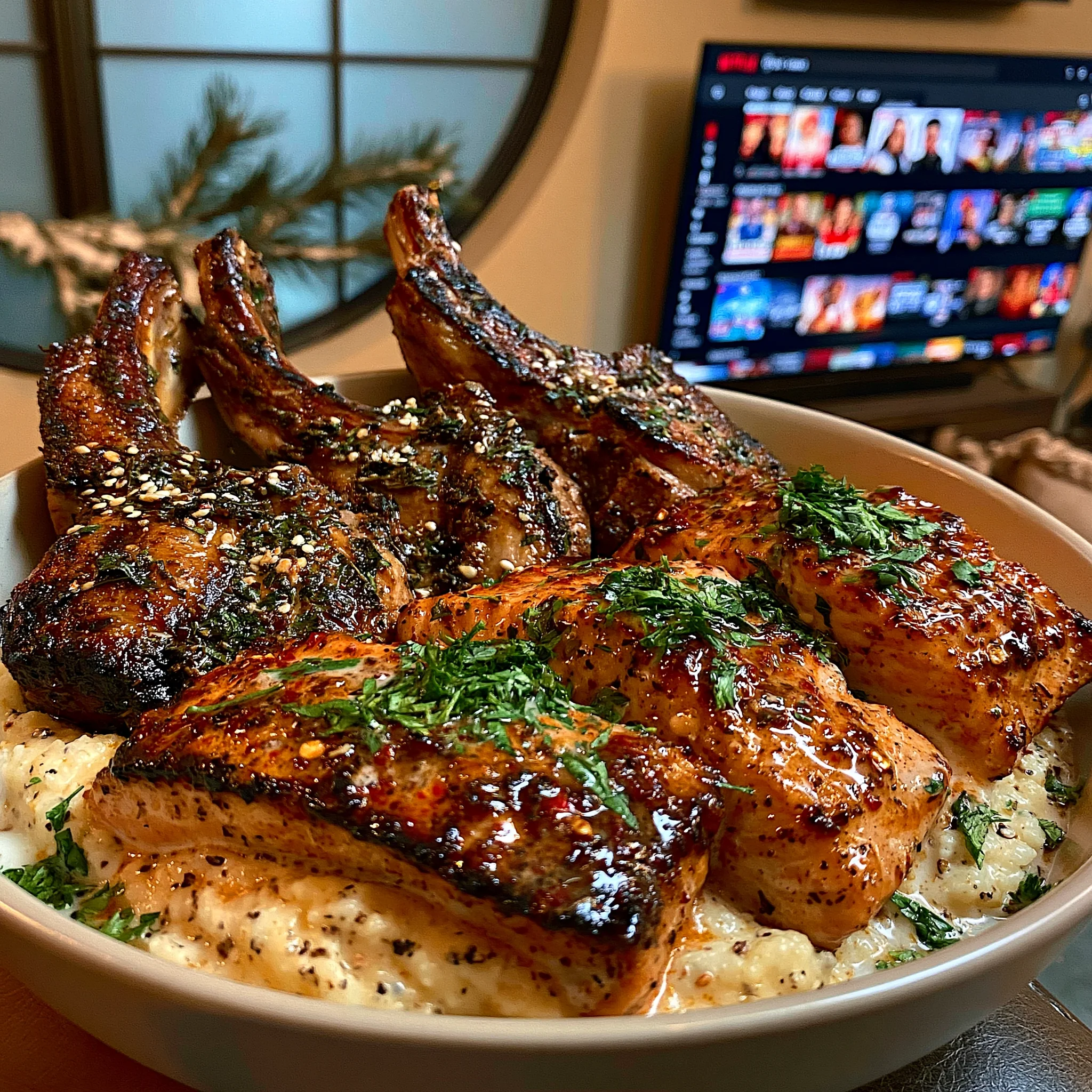 Garlic Herb Lamb Chops and Chili Butter Salmon over White Cheddar Grits