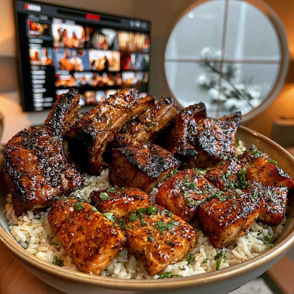 Garlic Herb Lamb Chops and Hot Honey Salmon Bites over Jasmine Rice
