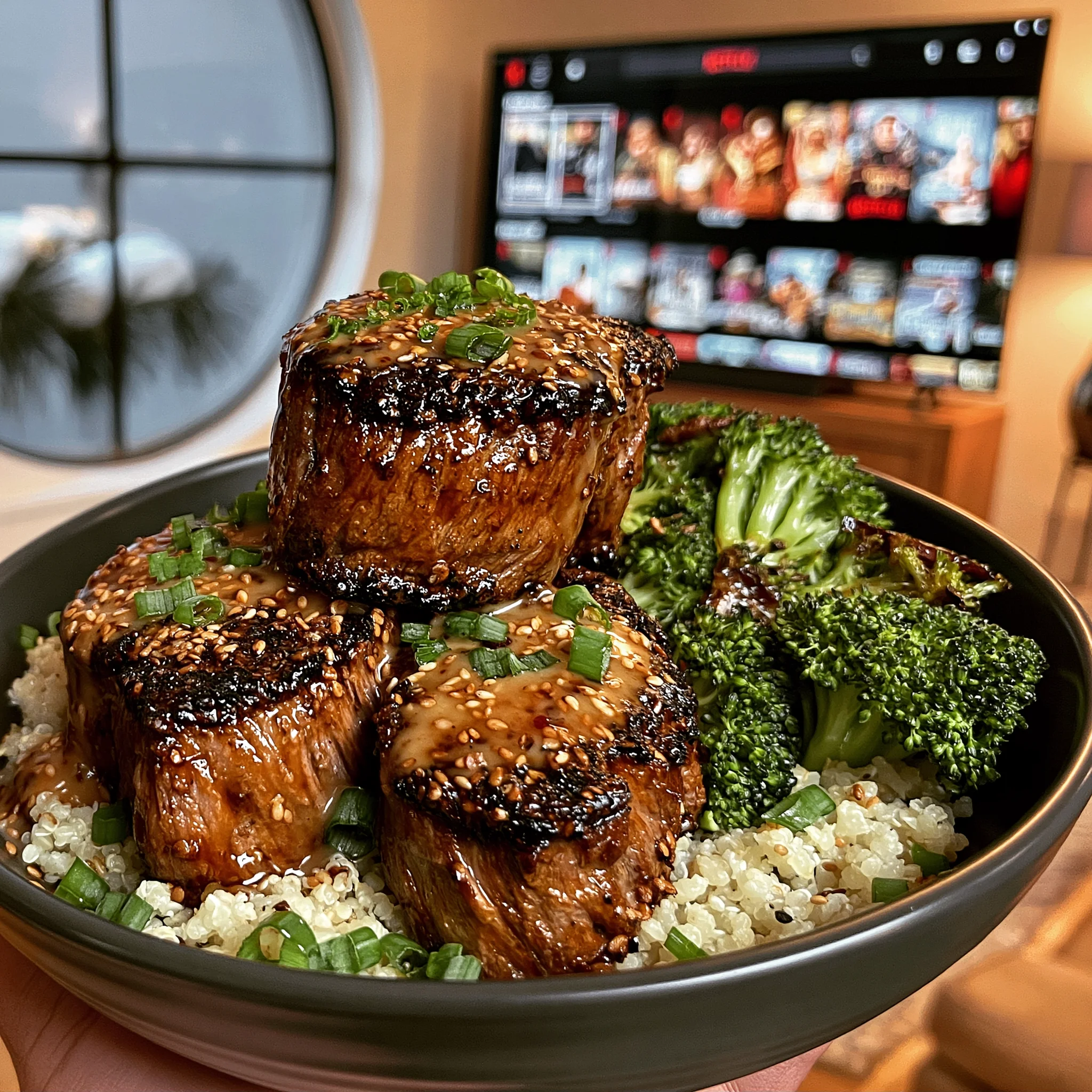 Ginger-Confit and Toasted Sesame-Crusted Filet Mignon with a Roasted Garlic Bone Broth Reduction