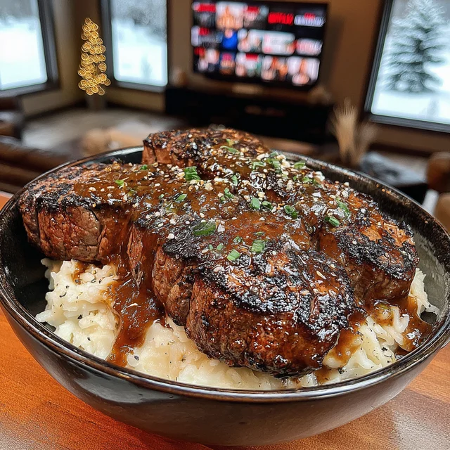 Golden Garlic Butter Beef Steak with Deep Flavor Brown Gravy